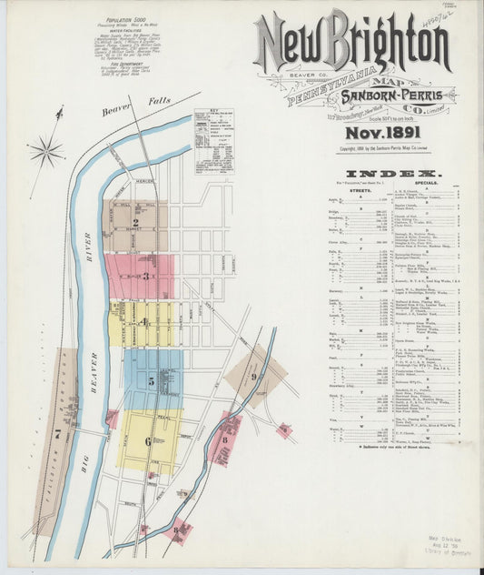 Sanborn Fire Insurance Map from New Brighton, Beaver County, Pennsylvania (1891), Sheet #0001 - Complete Map Set gallery image, historic Sanborn map, vintage wall art, Pennsylvania Pennsylvania