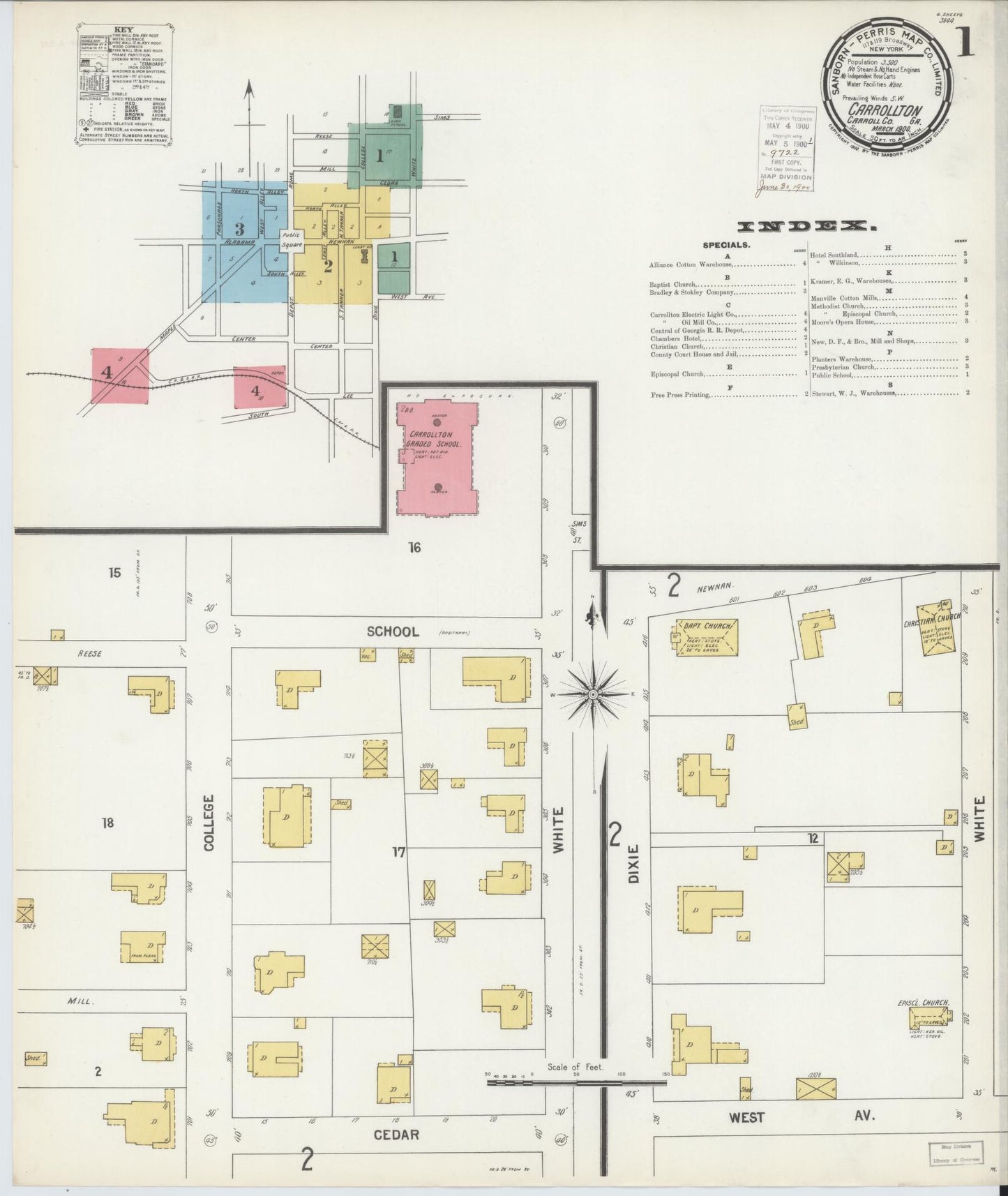 Sanborn Fire Insurance Map from Carrollton, Carroll County, Georgia (1900), Sheet #0001 - Historic Sanborn Fire Insurance Map Print, vintage old map wall art, antique decor, genealogy gift, Georgia Georgia map