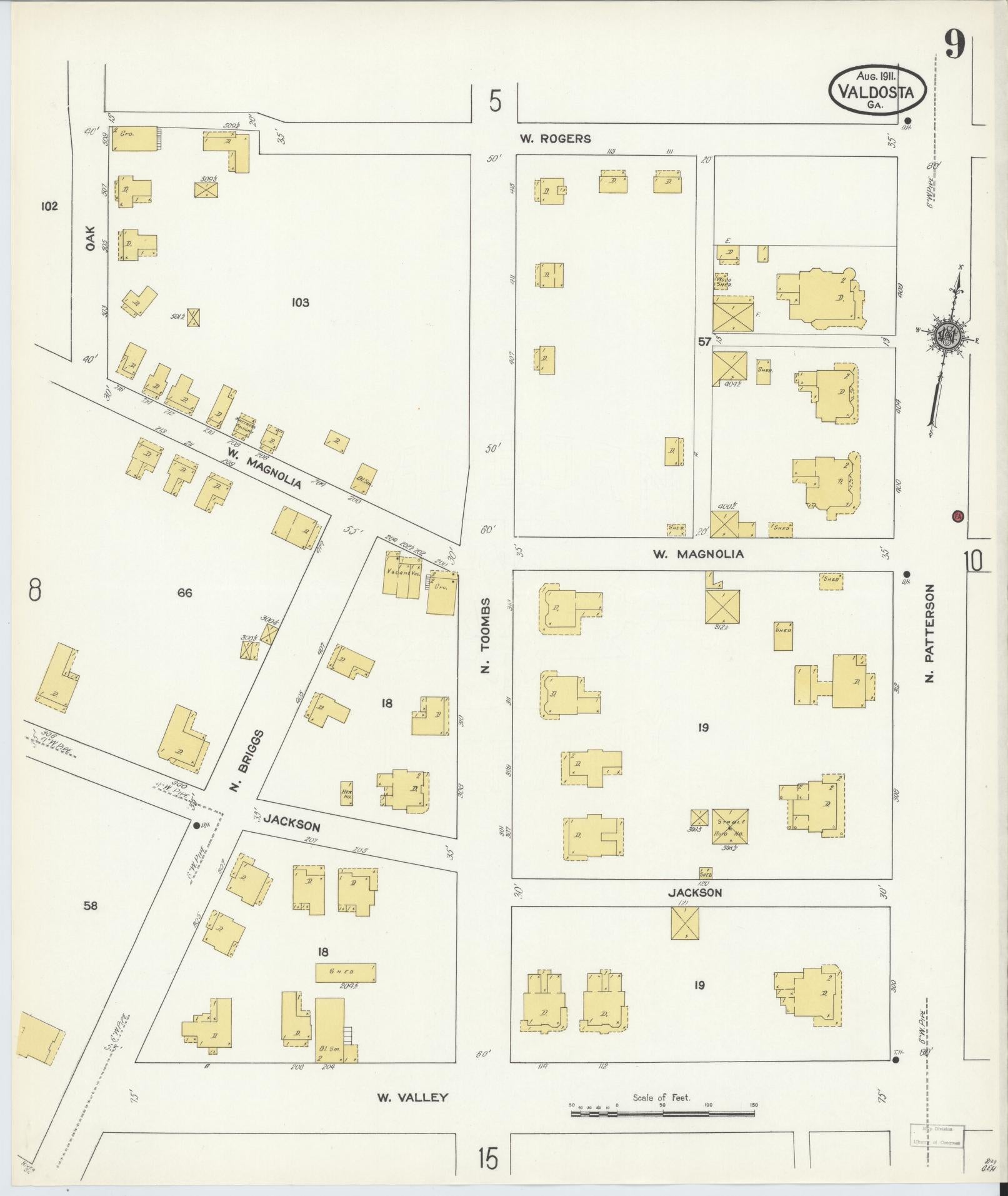 Sanborn Fire Insurance Map from Valdosta, Lowndes County, Georgia (1911), Sheet #0009 - Historic Sanborn Fire Insurance Map Print, vintage old map wall art, antique decor, genealogy gift, Georgia Georgia map