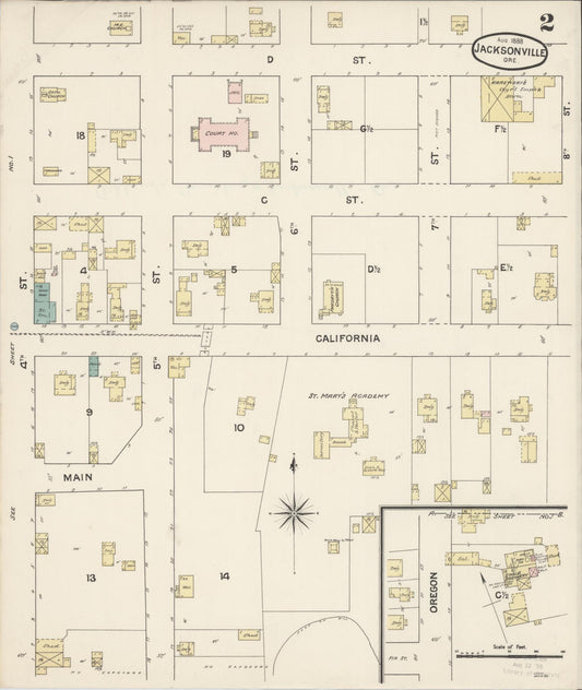 Sanborn Fire Insurance Map from Jacksonville, Jackson County, Oregon (1888), Sheet #0002 - Historic Sanborn Fire Insurance Map Print, vintage old map wall art, antique decor, genealogy gift, Oregon Oregon map