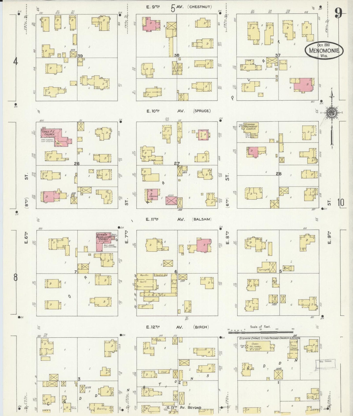 Sanborn Fire Insurance Map from Menomonie, Dunn County, Wisconsin (1910), Sheet #0009 - Complete Map Set gallery image, historic Sanborn map, vintage wall art, Wisconsin Wisconsin
