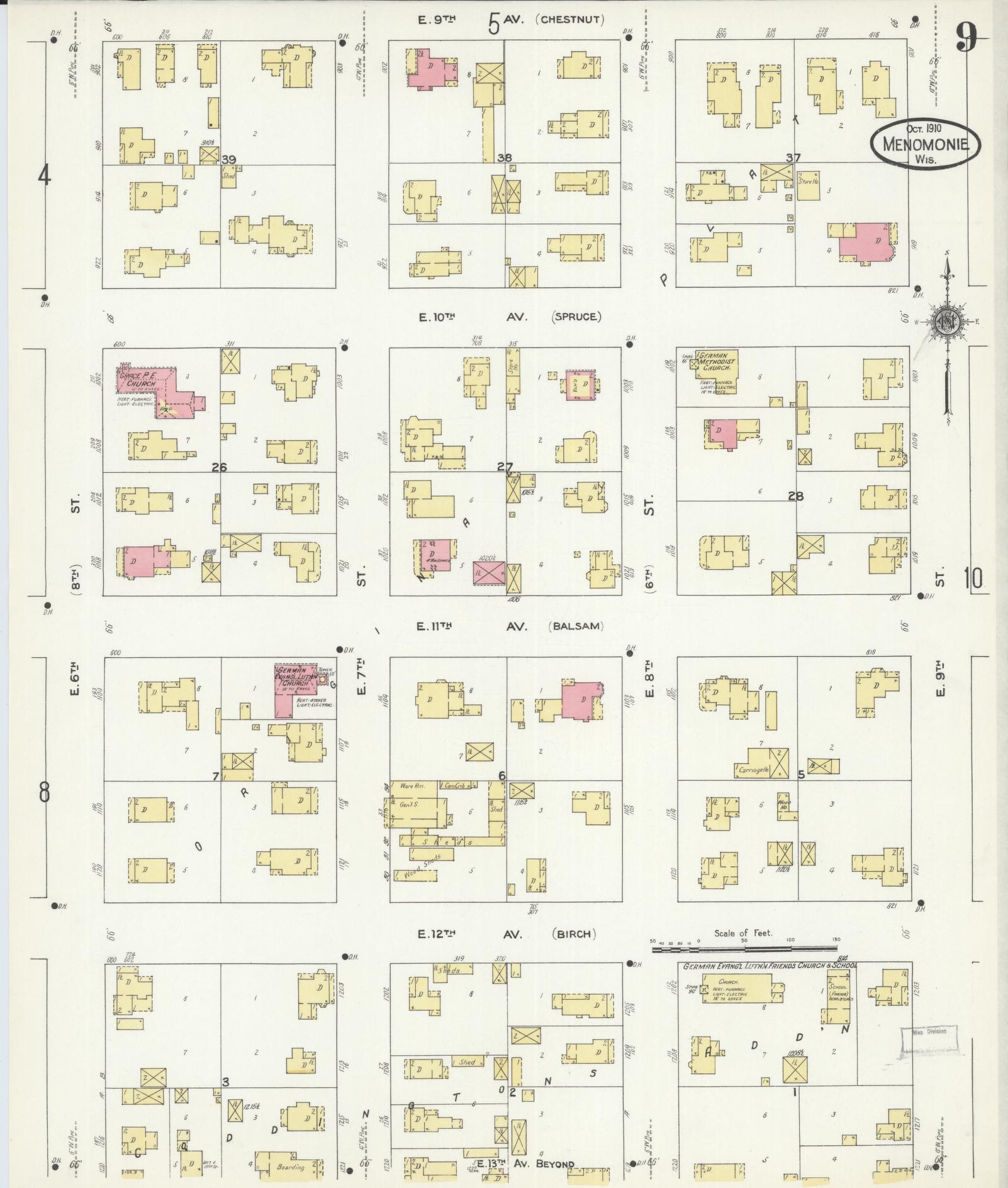Sanborn Fire Insurance Map from Menomonie, Dunn County, Wisconsin (1910), Sheet #0009 - Complete Map Set gallery image, historic Sanborn map, vintage wall art, Wisconsin Wisconsin