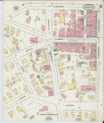 Sanborn Fire Insurance Map from Adrian, Lenawee County, Michigan (1893), Sheet #0002 - Historic Sanborn Fire Insurance Map Print, vintage old map wall art, antique decor, genealogy gift, Michigan Michigan map