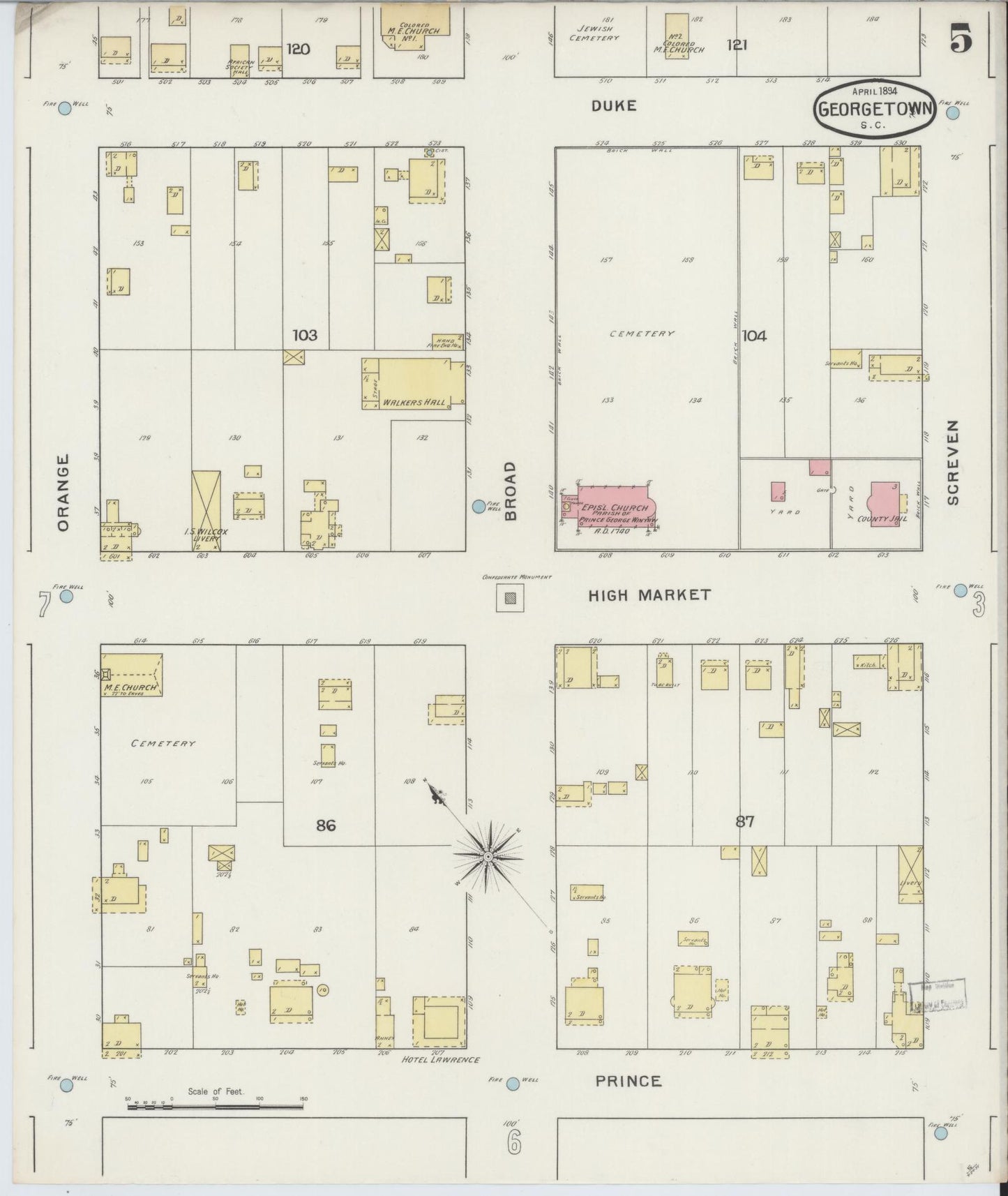 Sanborn Fire Insurance Map from Georgetown, Georgetown County, South Carolina (1894), Sheet #0005 - Complete Map Set gallery image, historic Sanborn map, vintage wall art, South Carolina South Carolina