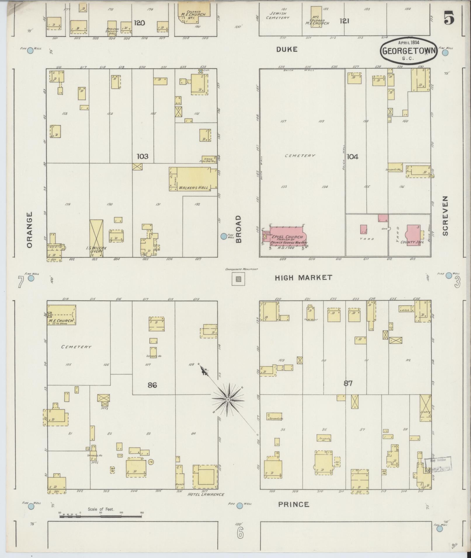 Sanborn Fire Insurance Map from Georgetown, Georgetown County, South Carolina (1894), Sheet #0005 - Complete Map Set gallery image, historic Sanborn map, vintage wall art, South Carolina South Carolina