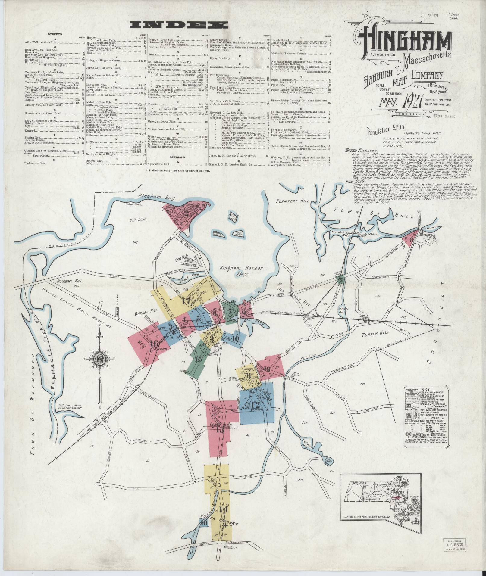 Sanborn Fire Insurance Map from Hingham, Plymouth County, Massachusetts (1921), Sheet #0001 - Complete Map Set gallery image, historic Sanborn map, vintage wall art, Massachusetts Massachusetts