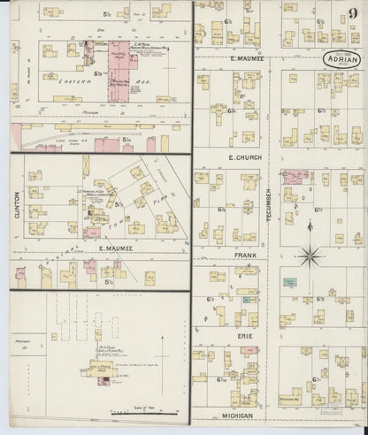 Sanborn Fire Insurance Map from Adrian, Lenawee County, Michigan (1888), Sheet #0009 - Historic Sanborn Fire Insurance Map Print, vintage old map wall art, antique decor, genealogy gift, Michigan Michigan map