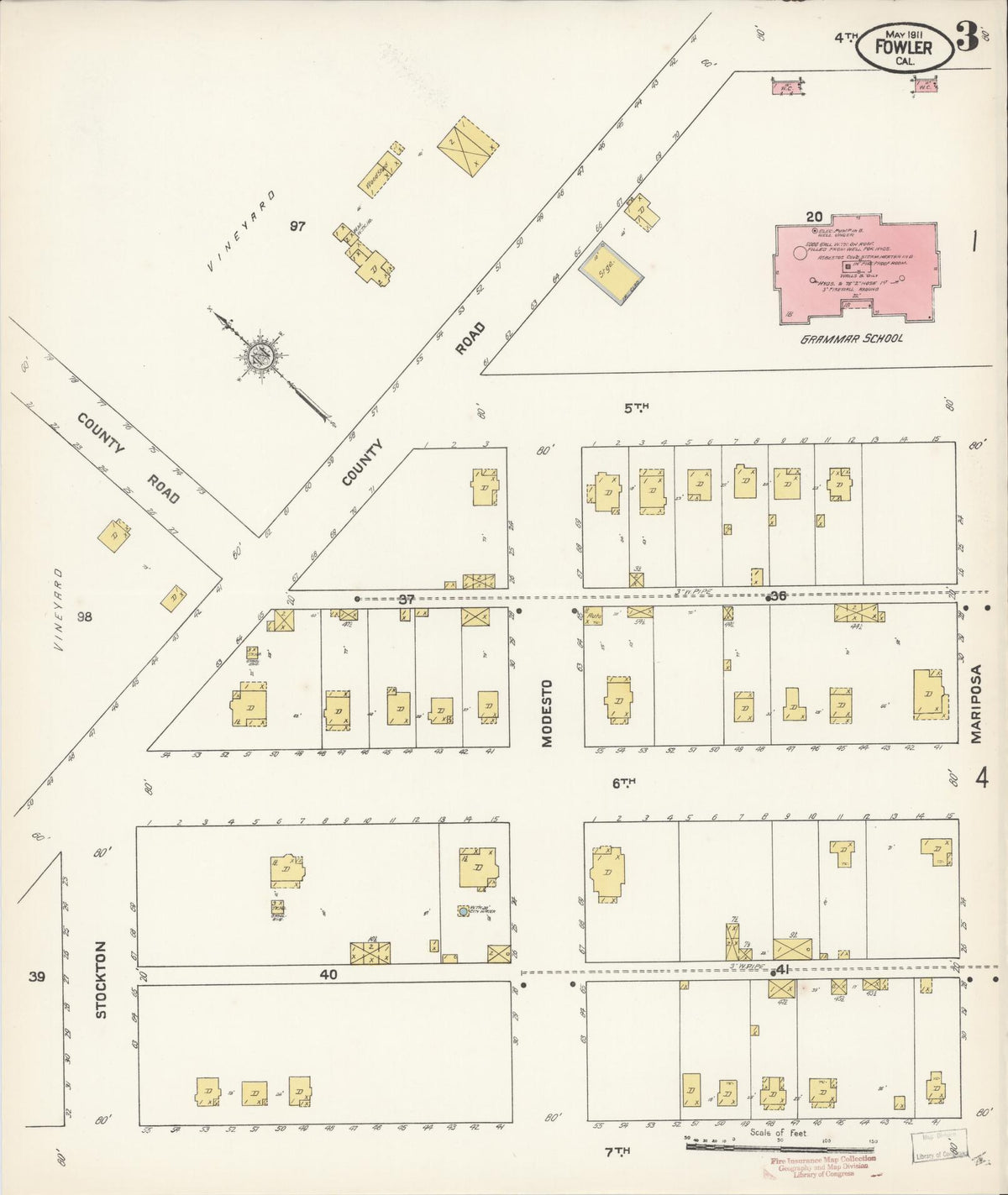 Sanborn Fire Insurance Map from Fowler, Fresno County, California (1911), Sheet #0003 - Complete Map Set gallery image, historic Sanborn map, vintage wall art, California California