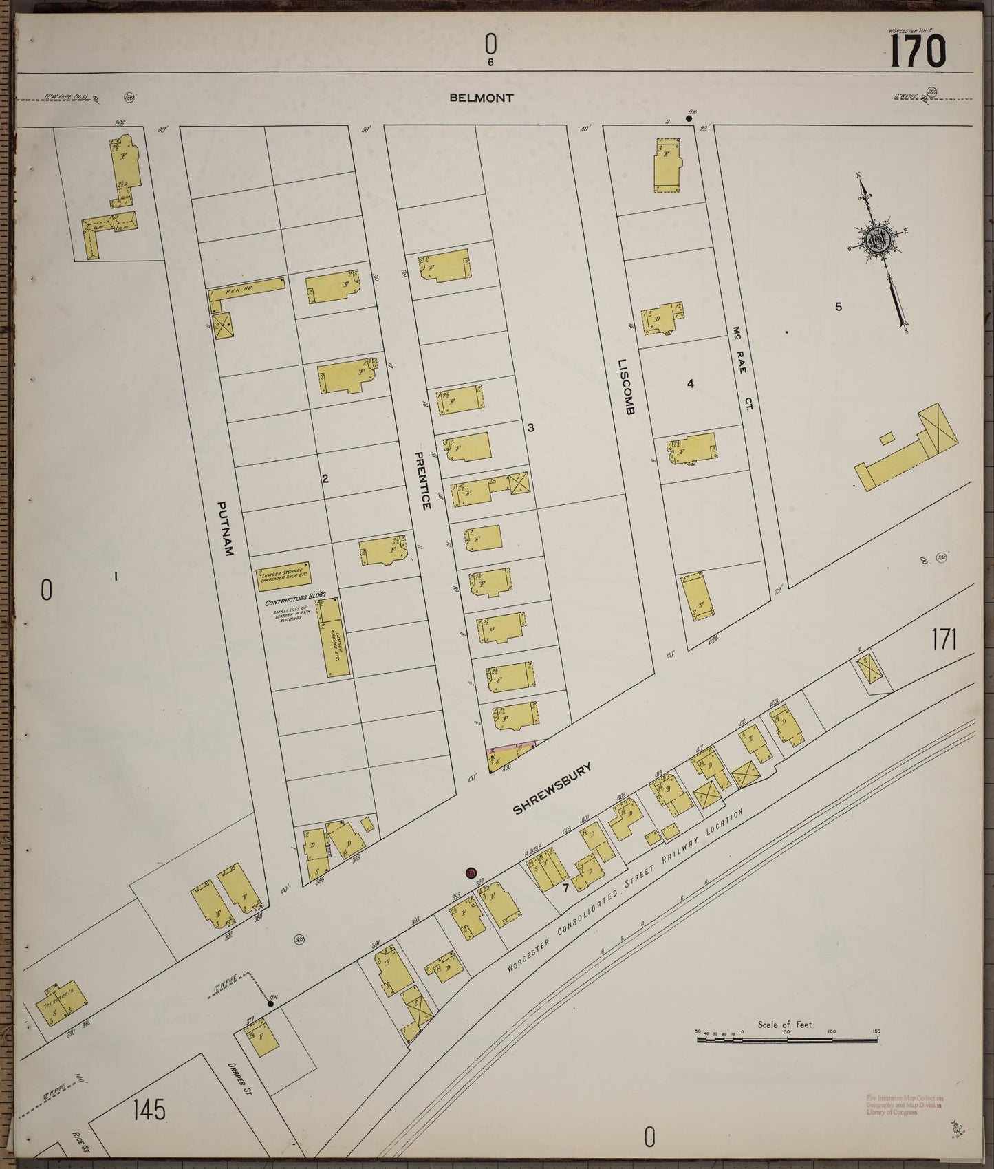 Sanborn Fire Insurance Map from Worcester, Worcester County, Massachusetts (1910), Sheet #0170 - Complete Map Set gallery image, historic Sanborn map, vintage wall art, Massachusetts Massachusetts