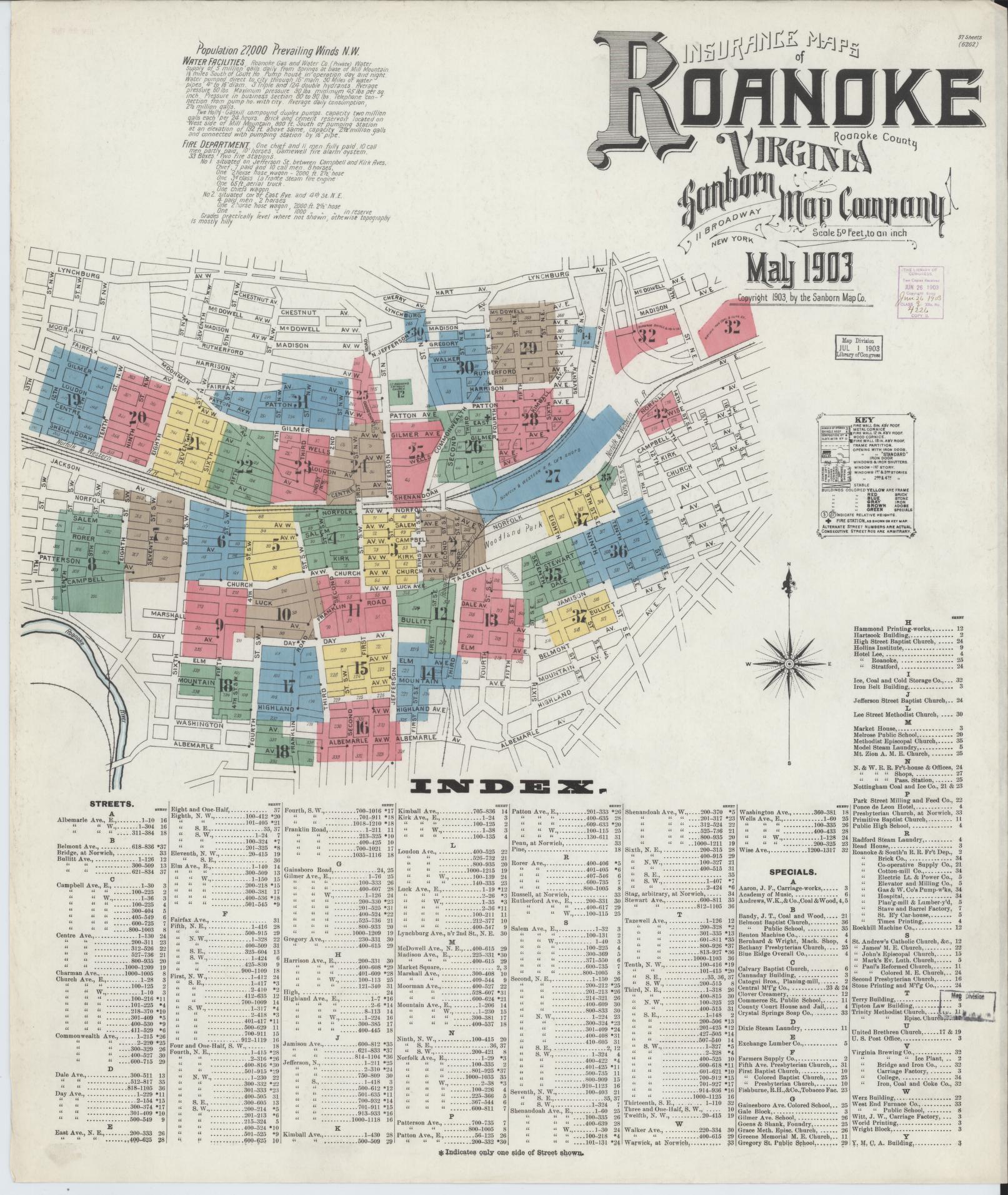 Sanborn Fire Insurance Map from Roanoke, Independent Cities, Virginia (1903), Sheet #0001 - Historic Sanborn Fire Insurance Map Print, vintage old map wall art, antique decor, genealogy gift, Virginia Virginia map