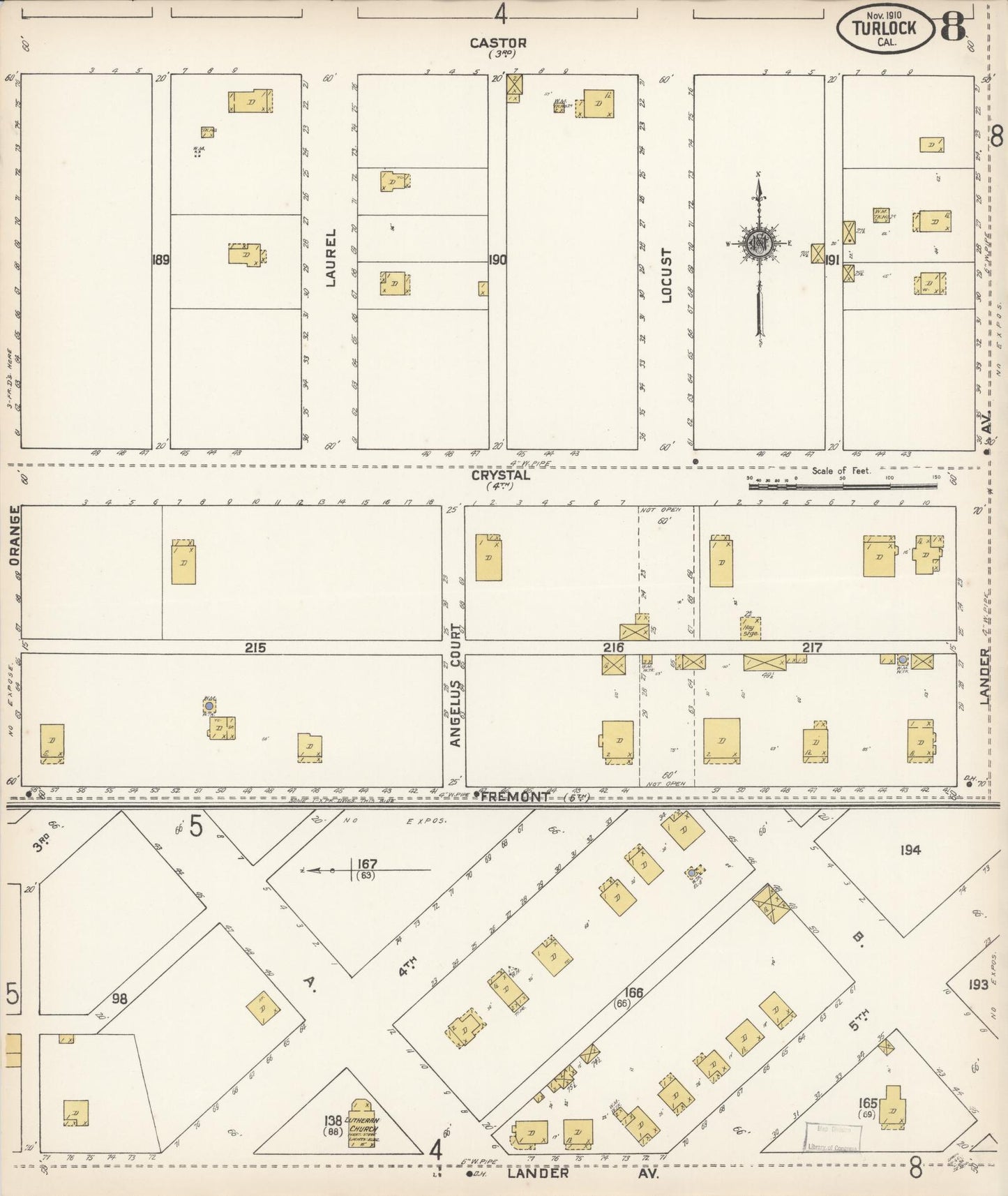 Sanborn Fire Insurance Map from Turlock, Stanislaus County, California (1910), Sheet #0008 - Complete Map Set gallery image, historic Sanborn map, vintage wall art, California California