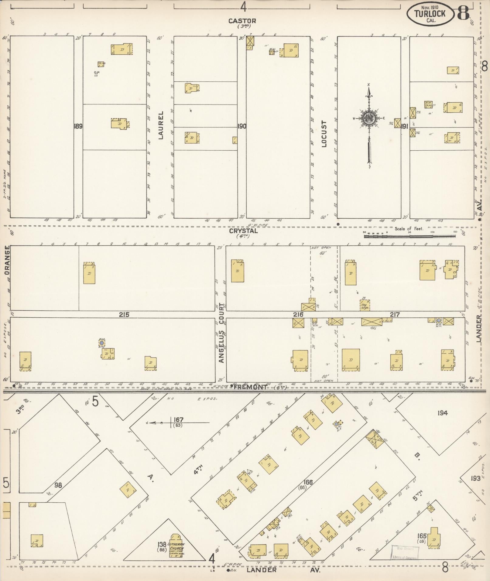 Sanborn Fire Insurance Map from Turlock, Stanislaus County, California (1910), Sheet #0008 - Complete Map Set gallery image, historic Sanborn map, vintage wall art, California California