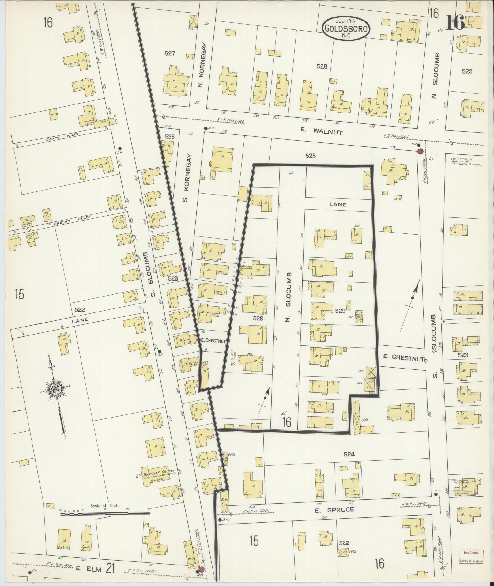 Sanborn Fire Insurance Map from Goldsboro, Wayne County, North Carolina (1913), Sheet #0016 - Historic Sanborn Fire Insurance Map Print, vintage old map wall art, antique decor, genealogy gift, North Carolina North Carolina map
