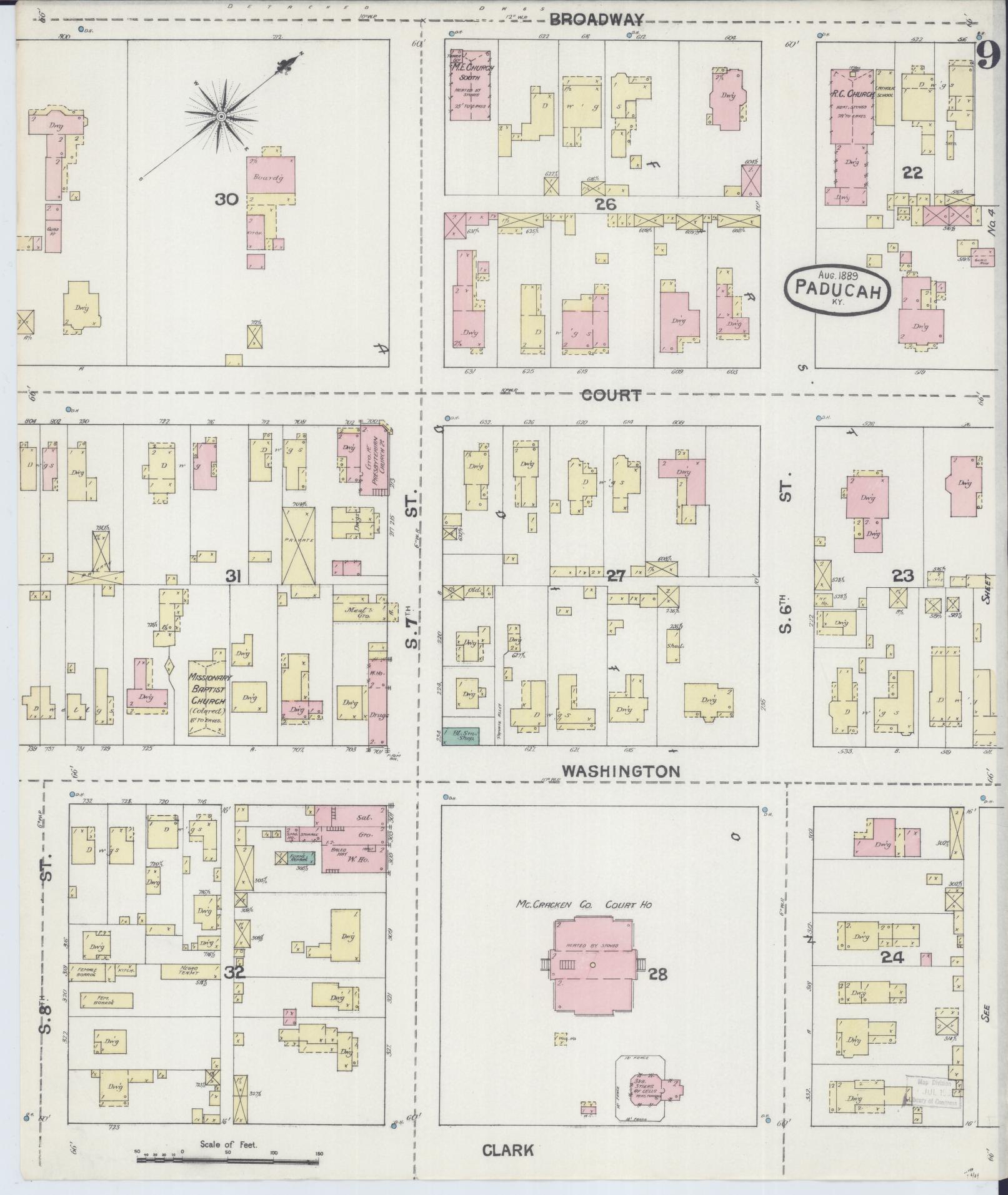 Sanborn Fire Insurance Map from Paducah, Mccraken County, Kentucky (1889), Sheet #0009 - Historic Sanborn Fire Insurance Map Print, vintage old map wall art, antique decor, genealogy gift, Kentucky Kentucky map