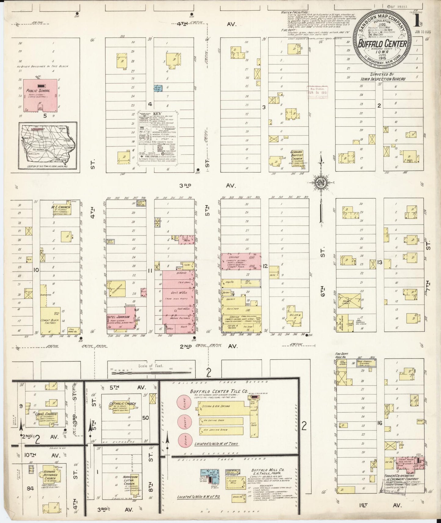 Sanborn Fire Insurance Map from Buffalo Center, Winnebago County, Iowa (1915), Sheet #0001 - Historic Sanborn Fire Insurance Map Print, vintage old map wall art