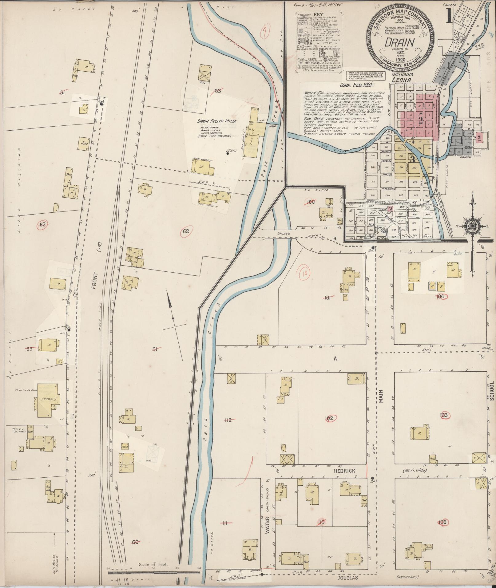 Sanborn Fire Insurance Map from Drain, Douglas County, Oregon (1931), Sheet #0001 - Historic Sanborn Fire Insurance Map Print, vintage old map wall art, antique decor, genealogy gift, Oregon Oregon map