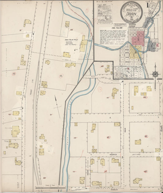 Sanborn Fire Insurance Map from Drain, Douglas County, Oregon (1931), Sheet #0001 - Historic Sanborn Fire Insurance Map Print, vintage old map wall art, antique decor, genealogy gift, Oregon Oregon map
