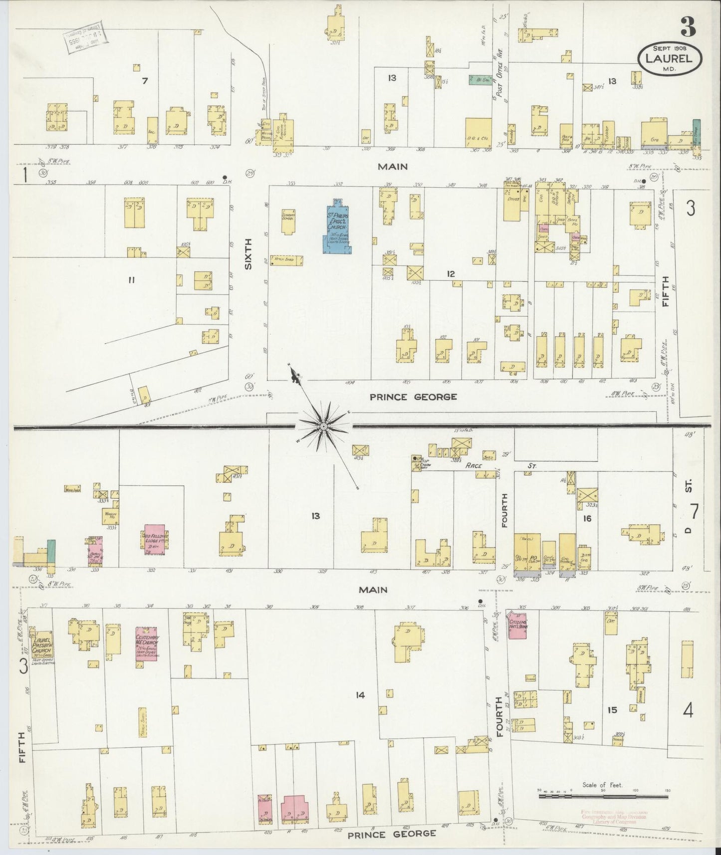 Sanborn Fire Insurance Map from Laurel, Prince Georges County, Maryland (1908), Sheet #0003 - Historic Sanborn Fire Insurance Map Print, vintage old map wall art