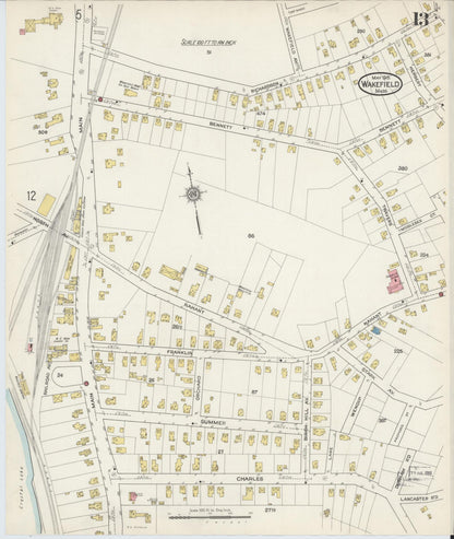 Sanborn Fire Insurance Map from Wakefield, Middlesex County, Massachusetts (1915), Sheet #0013 - Historic Sanborn Fire Insurance Map Print, vintage old map wall art, antique decor, genealogy gift, Massachusetts Massachusetts map