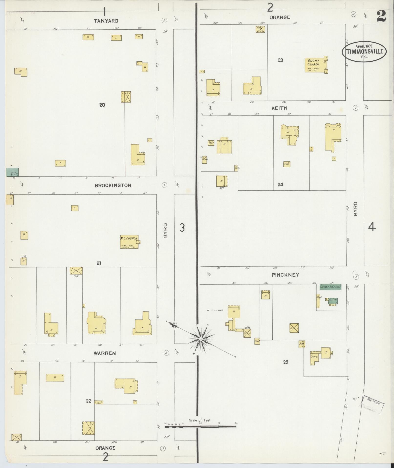 Sanborn Fire Insurance Map from Timmonsville, Florence County, South Carolina (1903), Sheet #0002 - Complete Map Set gallery image, historic Sanborn map, vintage wall art, South Carolina South Carolina