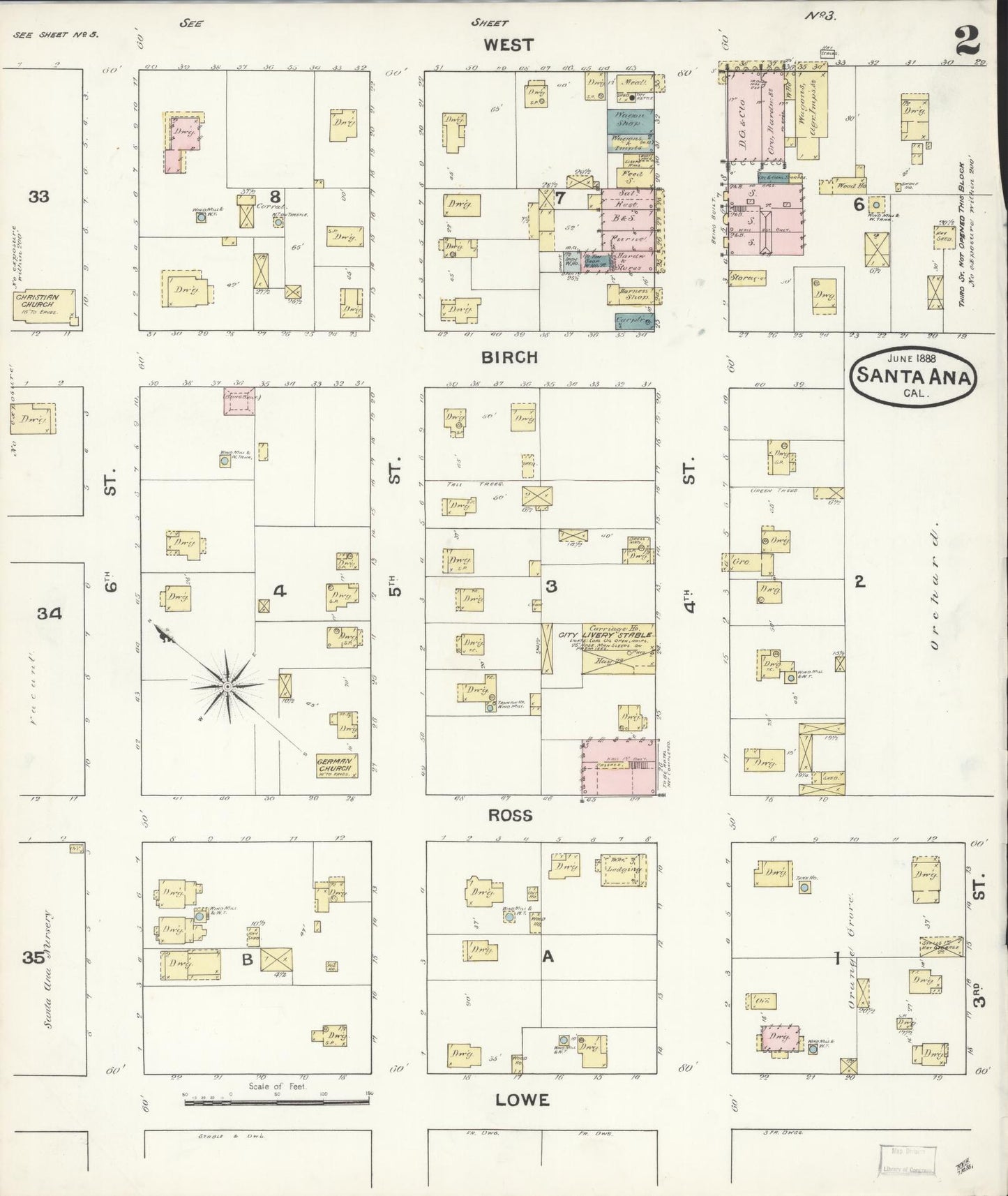 Sanborn Fire Insurance Map from Santa Ana, Orange County, California (1888), Sheet #0002 - Complete Map Set gallery image, historic Sanborn map, vintage wall art, California California
