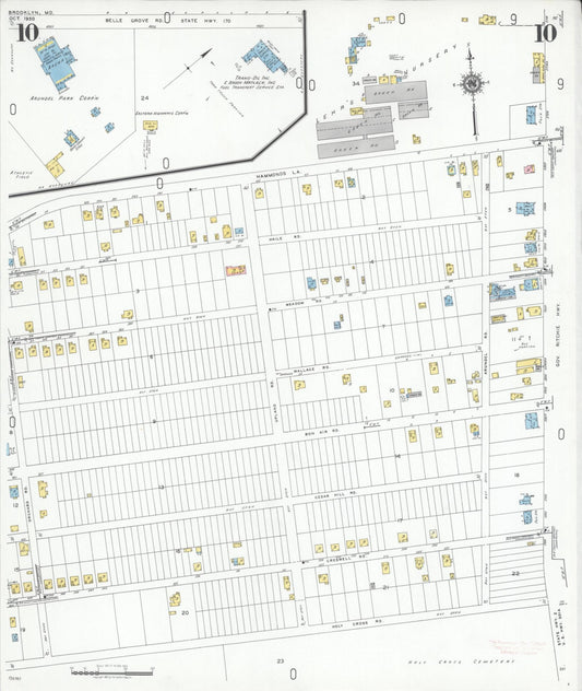 Sanborn Fire Insurance Map from Brooklyn, Anne Arundel County, Maryland (1950), Sheet #0010 - Historic Sanborn Fire Insurance Map Print, vintage old map wall art