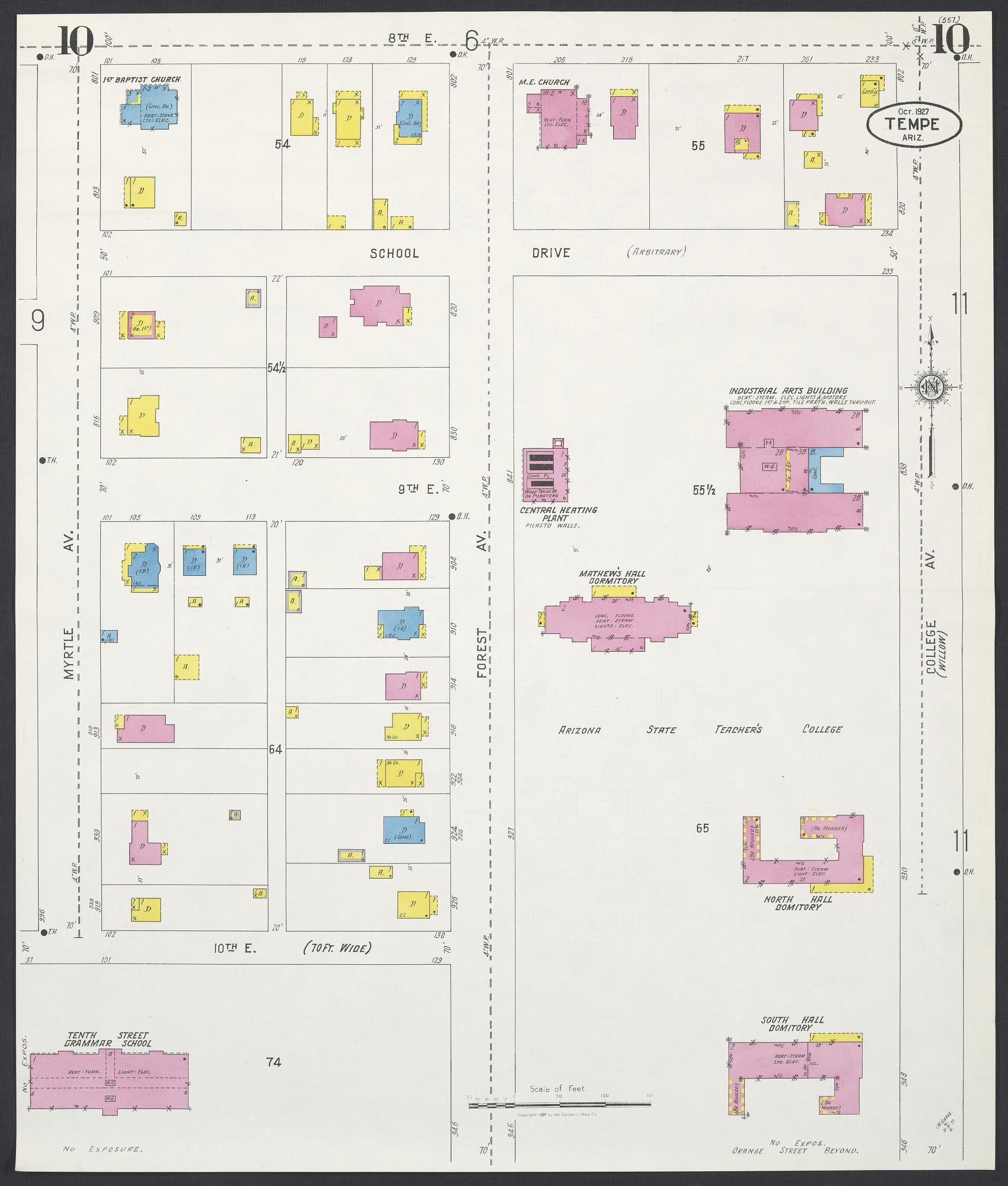 Sanborn Fire Insurance Map from Tempe, Maricopa County, Arizona (1927), Sheet #0010 - Historic Sanborn Fire Insurance Map Print, vintage old map wall art, antique decor, genealogy gift, Arizona Arizona map