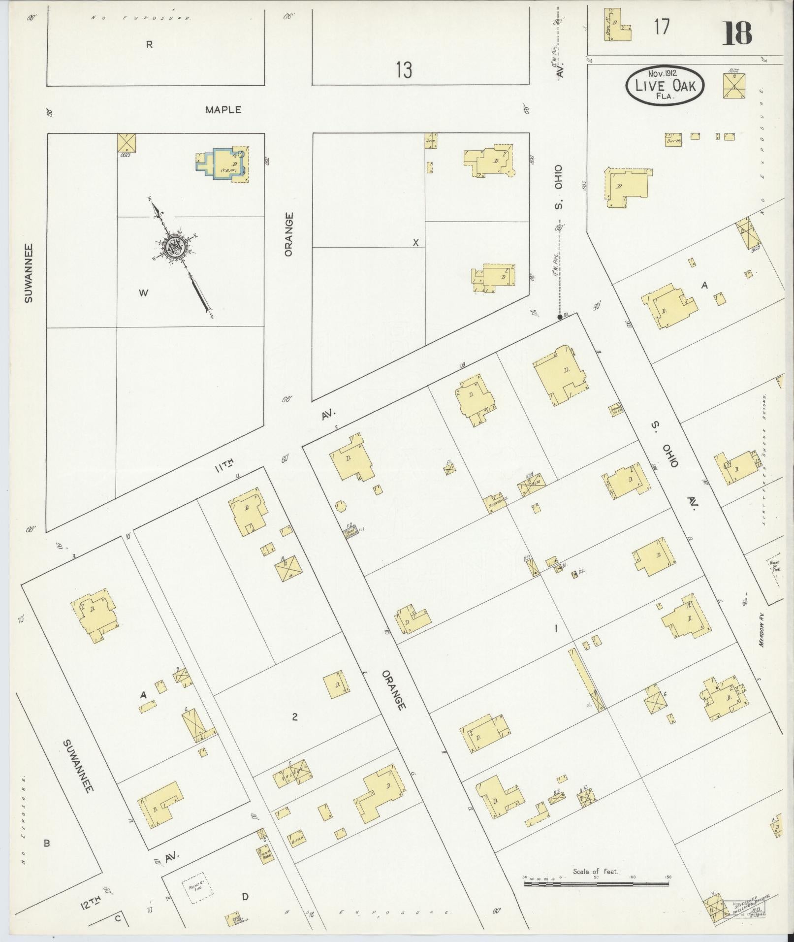 Sanborn Fire Insurance Map from Live Oak, Suwanee County, Florida (1912), Sheet #0018 - Historic Sanborn Fire Insurance Map Print, vintage old map wall art, antique decor, genealogy gift, Florida Florida map