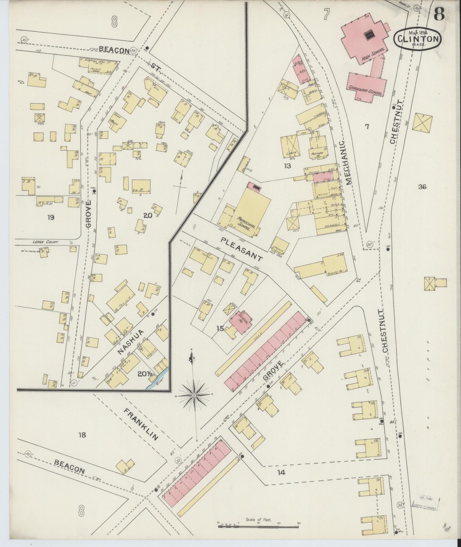 Sanborn Fire Insurance Map from Clinton, Worcester County, Massachusetts (1894), Sheet #0008 - Historic Sanborn Fire Insurance Map Print, vintage old map wall art, antique decor, genealogy gift, Massachusetts Massachusetts map