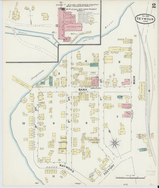 Sanborn Fire Insurance Map from Seymour, New Haven County, Connecticut (1890), Sheet #0002 - Historic Sanborn Fire Insurance Map Print, vintage old map wall art, antique decor, genealogy gift, Connecticut Connecticut map