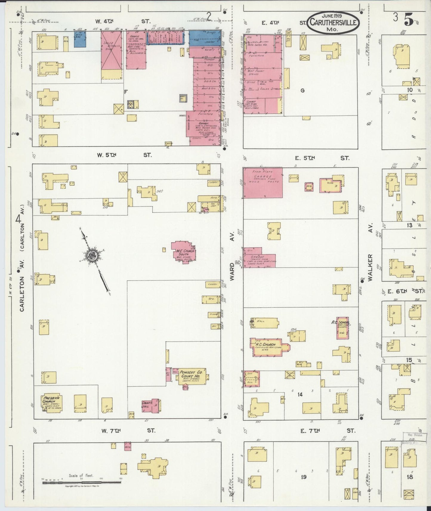 Sanborn Fire Insurance Map from Caruthersville, Pemiscot County, Missouri (1919), Sheet #0005 - Historic Sanborn Fire Insurance Map Print, vintage old map wall art, antique decor, genealogy gift, Missouri Missouri map