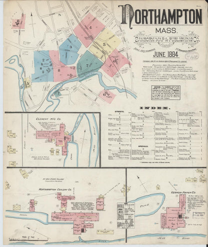 Sanborn Fire Insurance Map from Northampton, Hampshire County, Massachusetts (1884), Sheet #0001 - Historic Sanborn Fire Insurance Map Print, vintage old map wall art, antique decor, genealogy gift, Massachusetts Massachusetts map