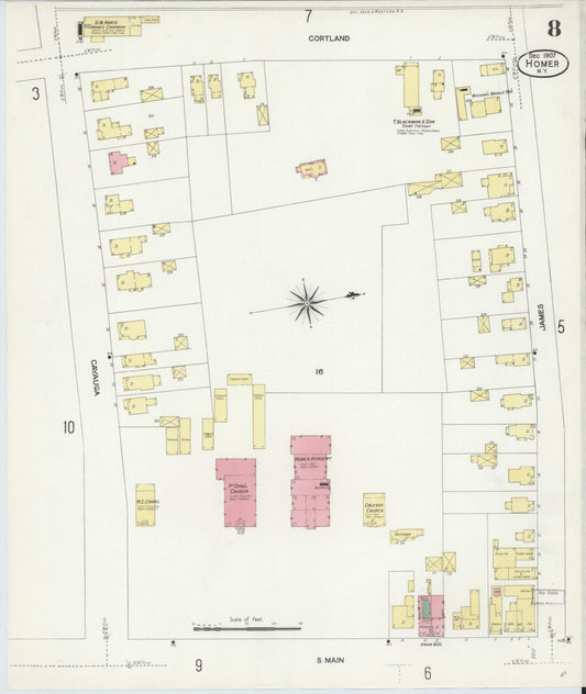 Sanborn Fire Insurance Map from Homer, Cortland County, New York (1907), Sheet #0008 - Historic Sanborn Fire Insurance Map Print, vintage old map wall art, antique decor, genealogy gift, New York New York map