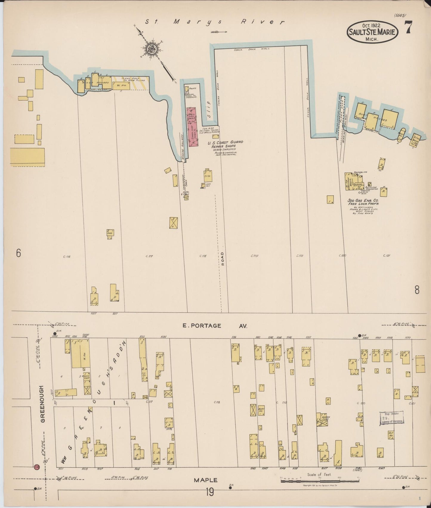 Sanborn Fire Insurance Map from Sault Sainte Marie, Chippewa County, Michigan (1922), Sheet #0007 - Complete Map Set gallery image, historic Sanborn map, vintage wall art, Michigan Michigan