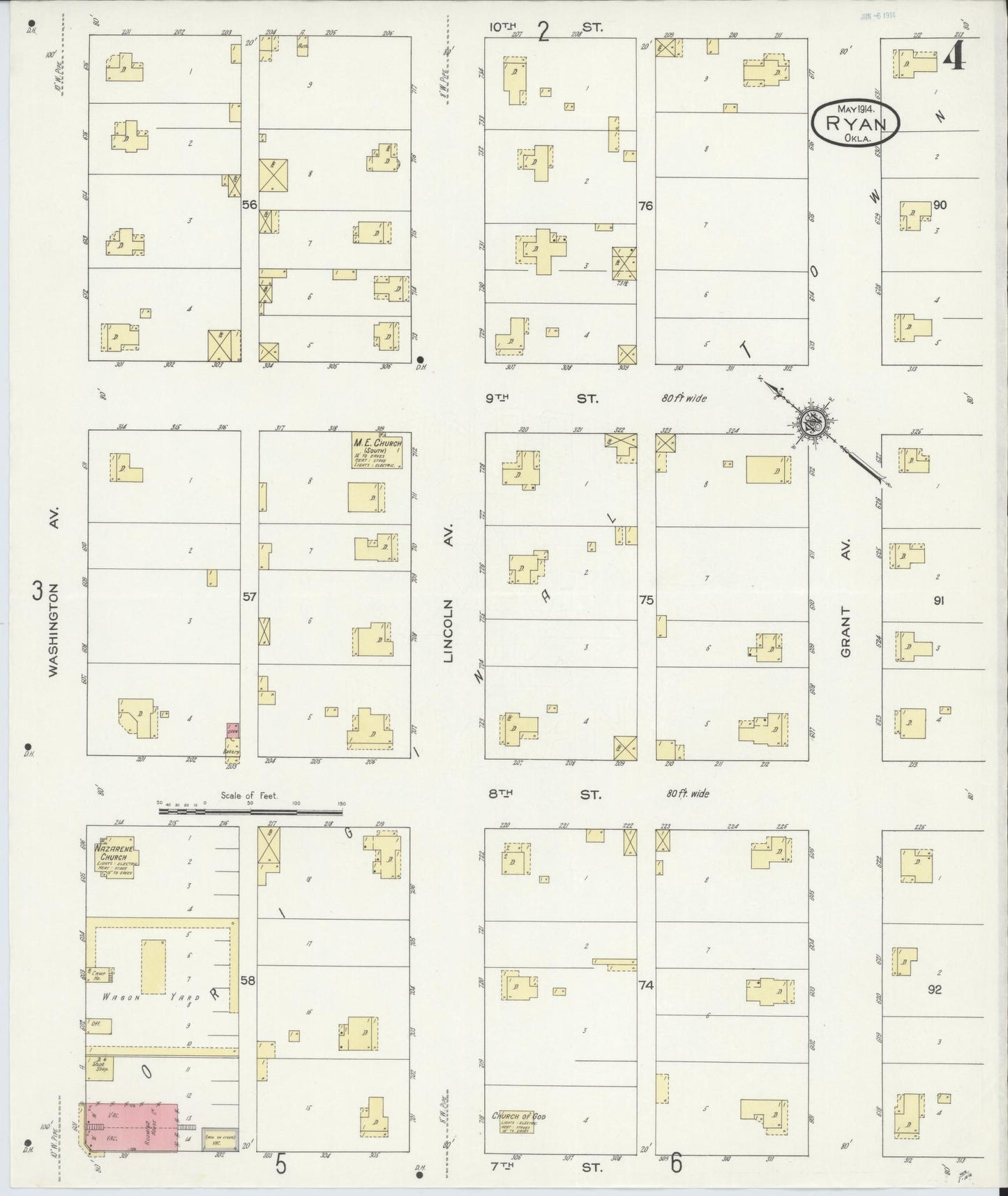 Sanborn Fire Insurance Map from Ryan, Jefferson County, Oklahoma (1914), Sheet #0004 - Historic Sanborn Fire Insurance Map Print, vintage old map wall art, antique decor, genealogy gift, Oklahoma Oklahoma map