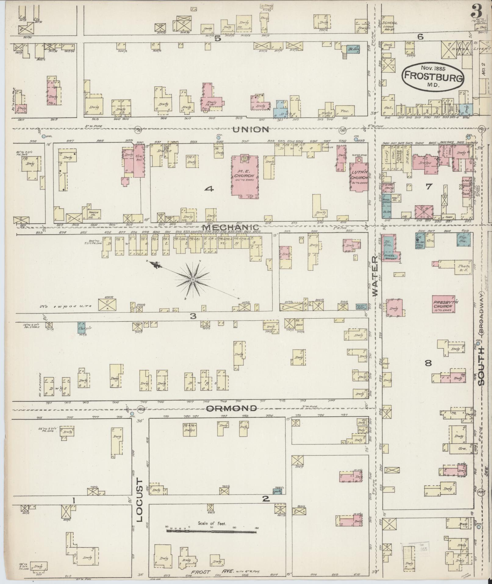 Sanborn Fire Insurance Map from Frostburg, Allegany County, Maryland (1885), Sheet #0003 - Historic Sanborn Fire Insurance Map Print, vintage old map wall art