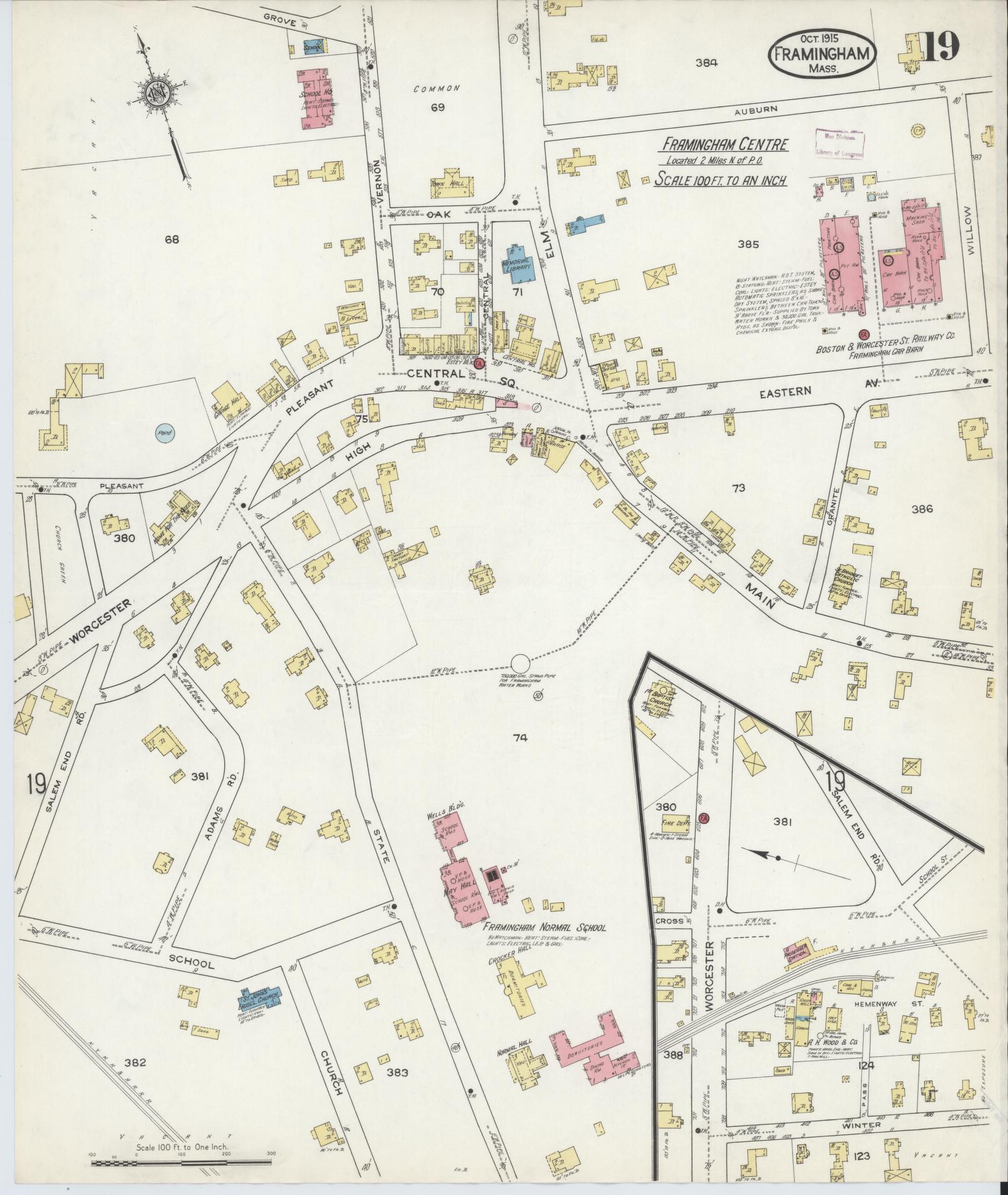 Sanborn Fire Insurance Map from Framingham, Middlesex County, Massachusetts (1915), Sheet #0019 - Complete Map Set gallery image, historic Sanborn map, vintage wall art, Massachusetts Massachusetts