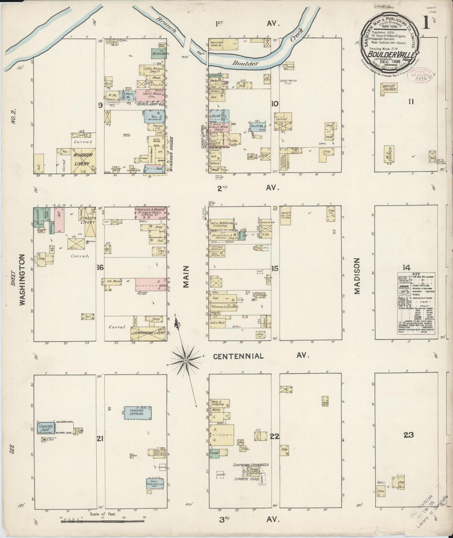 Sanborn Fire Insurance Map from Boulder Valley, Jefferson County, Montana (1888), Sheet #0001 - Historic Sanborn Fire Insurance Map Print, vintage old map wall art, antique decor, genealogy gift, Montana Montana map