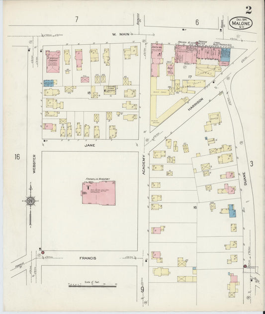 Sanborn Fire Insurance Map from Malone, Franklin County, New York (1914), Sheet #0002 - Historic Sanborn Fire Insurance Map Print, vintage old map wall art, antique decor, genealogy gift, New York New York map