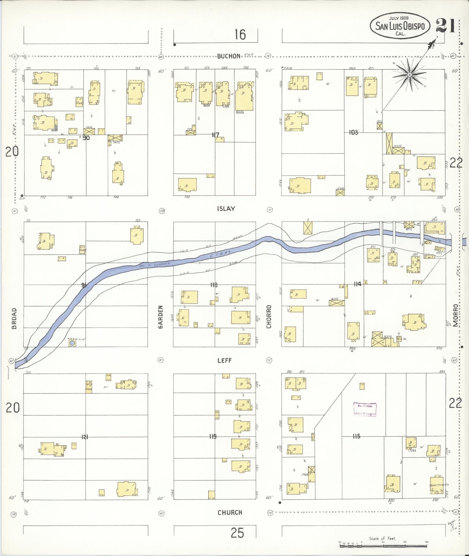 Sanborn Fire Insurance Map from San Luis Obispo, San Luis Obispo County, California (1909), Sheet #0021 - Complete Map Set gallery image, historic Sanborn map, vintage wall art, California California