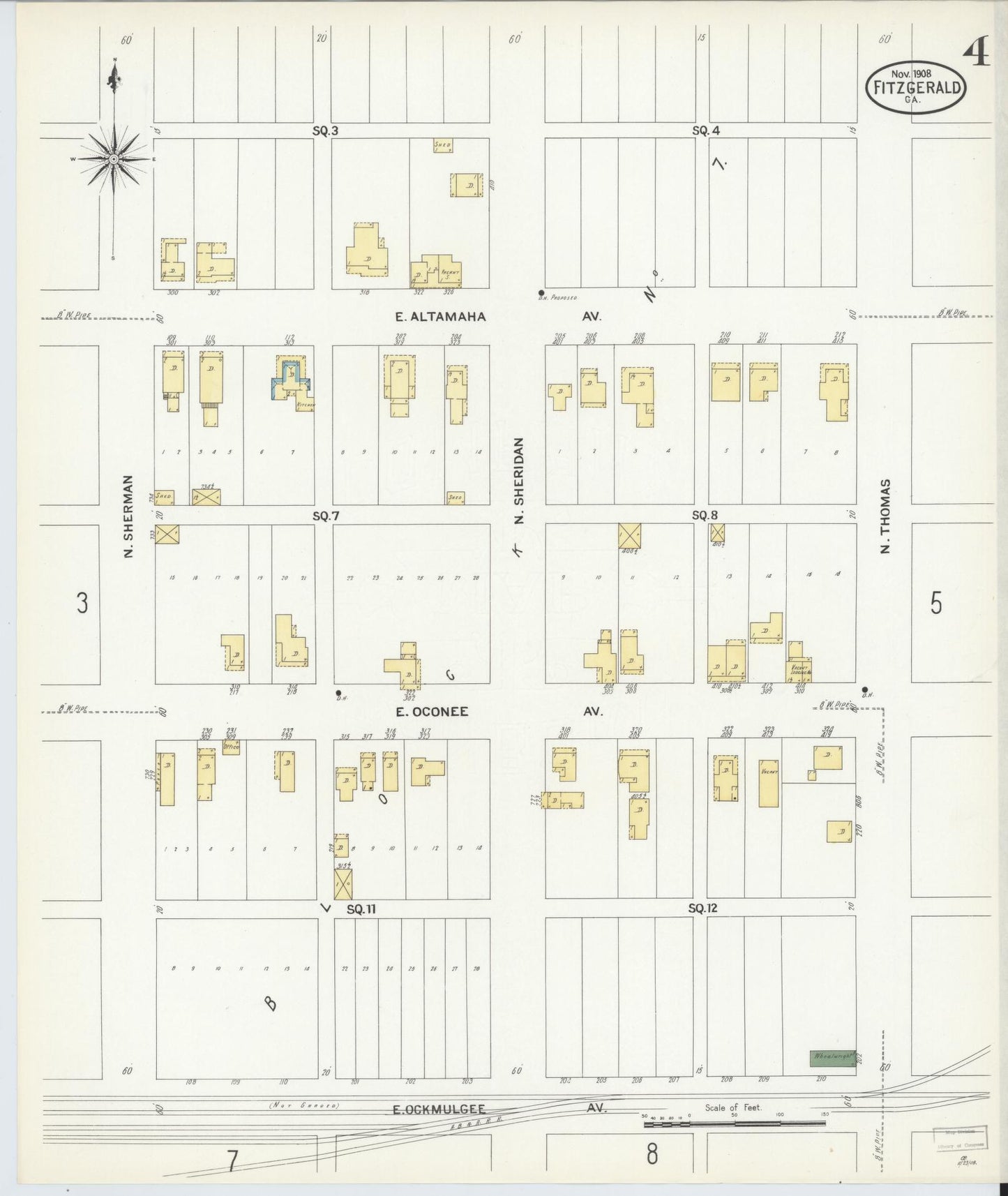 Sanborn Fire Insurance Map from Fitzgerald, Ben Hill County, Georgia (1908), Sheet #0004 - Complete Map Set gallery image, historic Sanborn map, vintage wall art, Georgia Georgia