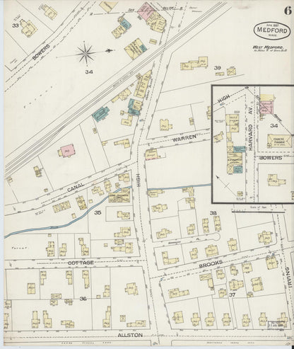 Sanborn Fire Insurance Map from Medford, Middlesex County, Massachusetts (1887), Sheet #0006 - Historic Sanborn Fire Insurance Map Print, vintage old map wall art, antique decor, genealogy gift, Massachusetts Massachusetts map