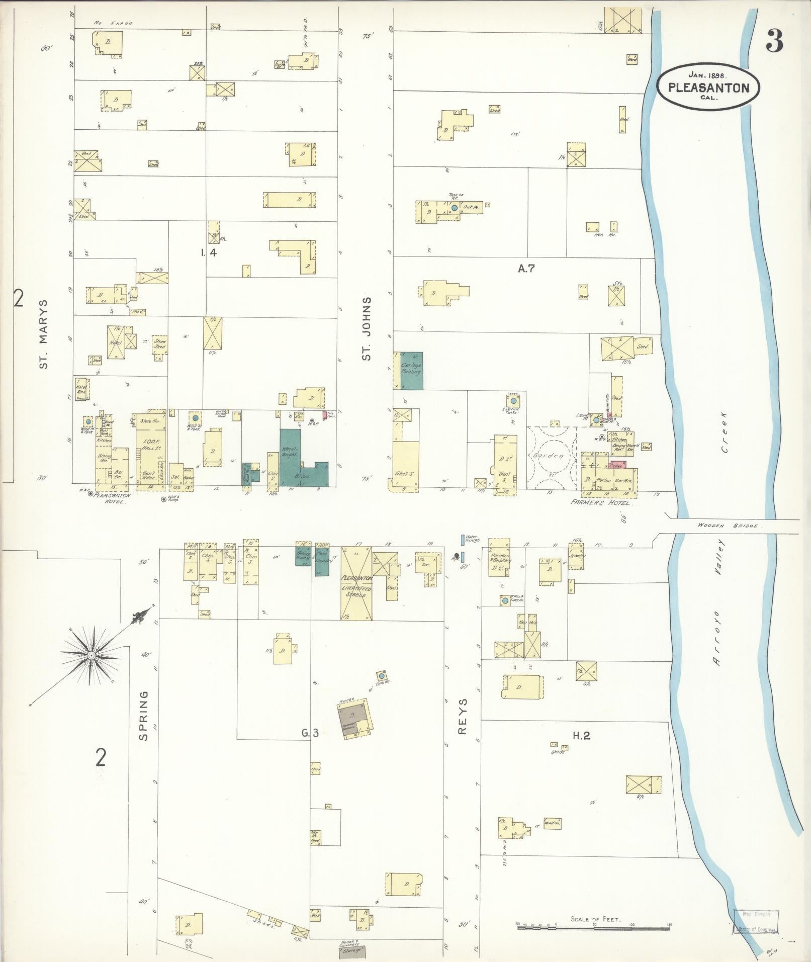 Sanborn Fire Insurance Map from Pleasanton, Alameda County, California (1898), Sheet #0003 - Complete Map Set gallery image, historic Sanborn map, vintage wall art, California California