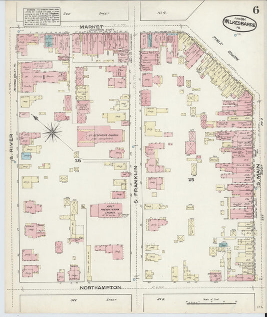 Sanborn Fire Insurance Map from Wilkes Barre, Luzerne County, Pennsylvania (1884), Sheet #0006 - Historic Sanborn Fire Insurance Map Print, vintage old map wall art, antique decor, genealogy gift, Pennsylvania Pennsylvania map