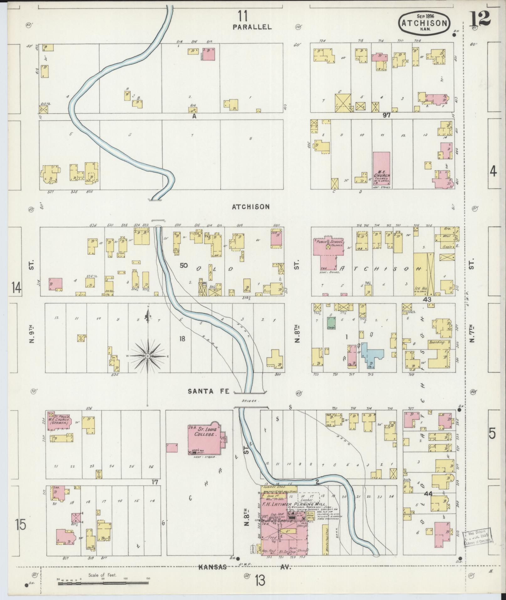 Sanborn Fire Insurance Map from Atchison, Atchison County, Kansas (1896), Sheet #0012 - Historic Sanborn Fire Insurance Map Print, vintage old map wall art, antique decor, genealogy gift, Kansas Kansas map