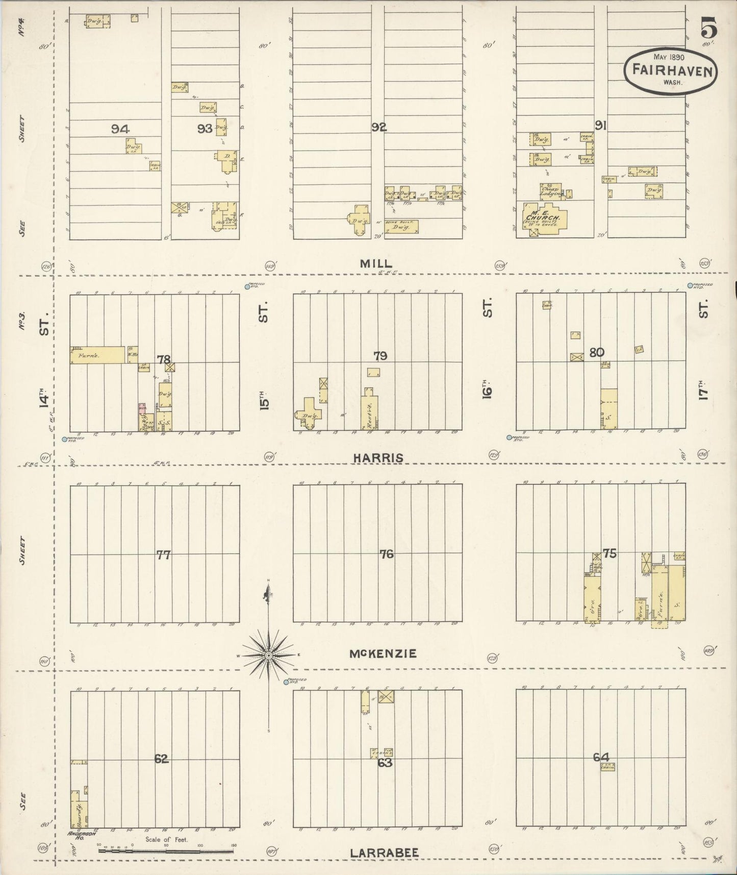 Sanborn Fire Insurance Map from Fairhaven [see also Bellingham and Sehome], Whatcom County, Washington (1890), Sheet #0005 - Complete Map Set gallery image, historic Sanborn map, vintage wall art, Washington Washington