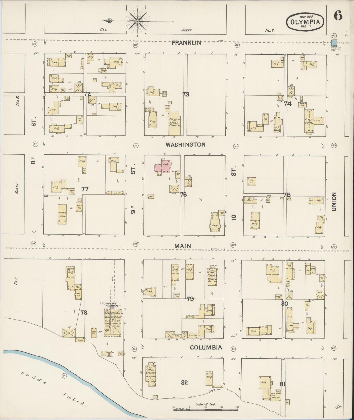 Sanborn Fire Insurance Map from Olympia, Thurston County, Washington (1888), Sheet #0006 - Complete Map Set gallery image, historic Sanborn map, vintage wall art, Washington Washington
