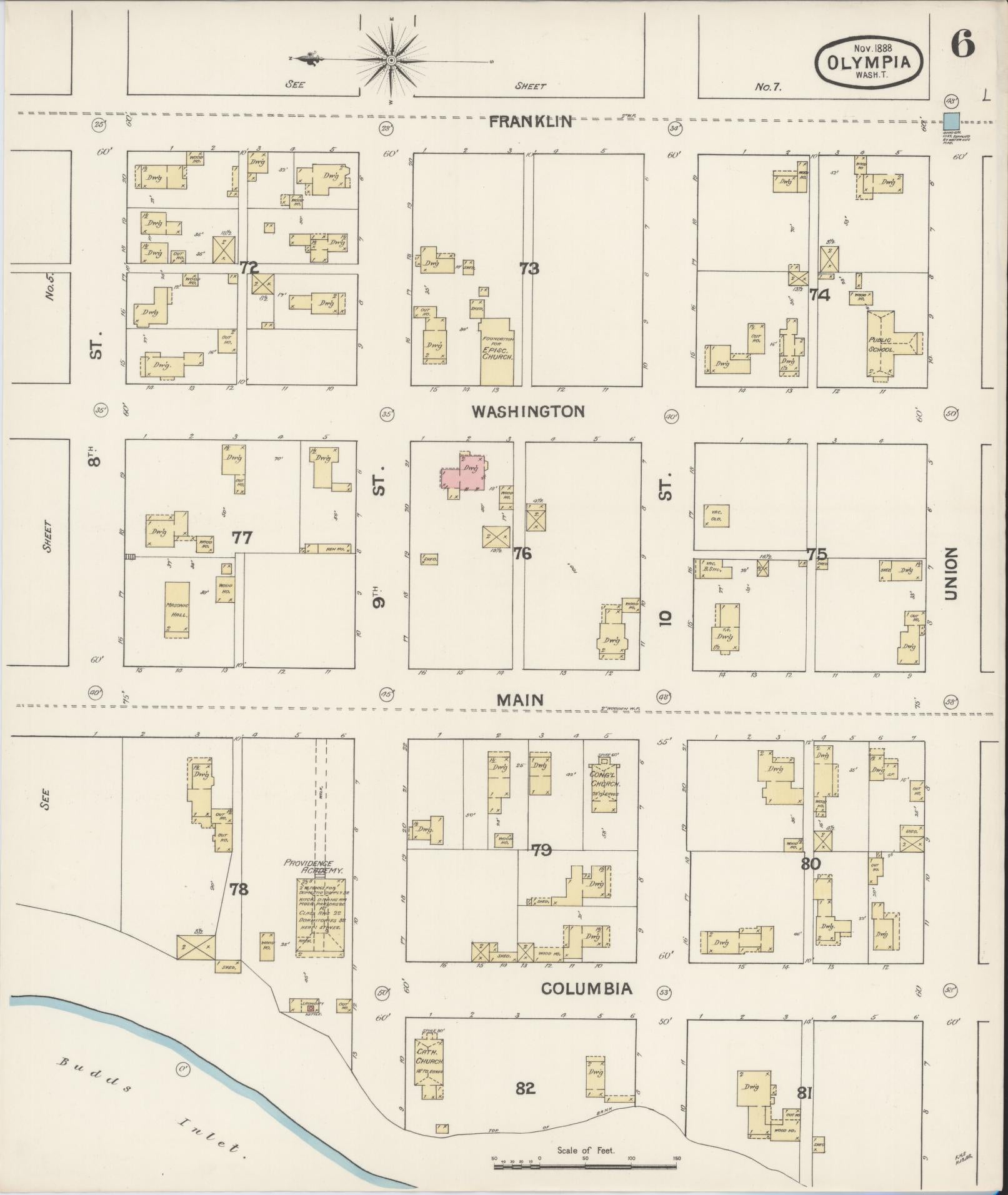 Sanborn Fire Insurance Map from Olympia, Thurston County, Washington (1888), Sheet #0006 - Complete Map Set gallery image, historic Sanborn map, vintage wall art, Washington Washington