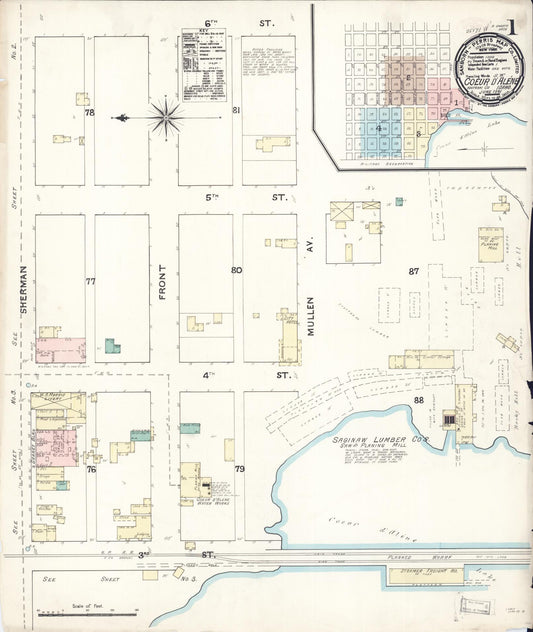 Sanborn Fire Insurance Map from Coeur D'alene, Kootenai County, Idaho (1891), Sheet #0001 - Historic Sanborn Fire Insurance Map Print, vintage old map wall art, antique decor, genealogy gift, Idaho Idaho map