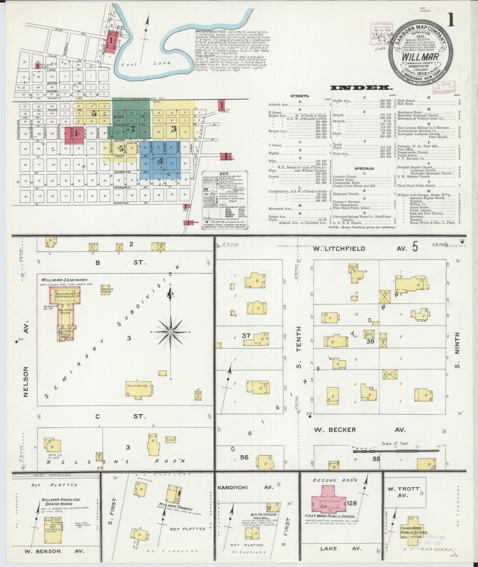 Sanborn Fire Insurance Map from Willmar, Kandiyohi County, Minnesota (1909), Sheet #0001 - Complete Map Set gallery image, historic Sanborn map, vintage wall art, Minnesota Minnesota